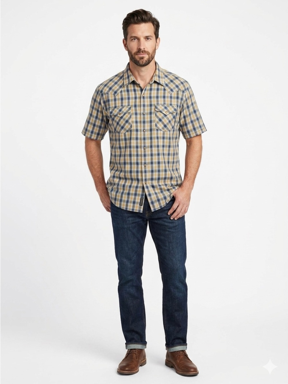 PENDLETON Men's FRONTIER Short-Sleeve Plaid Snap Down Shirt - Blue & Yellow